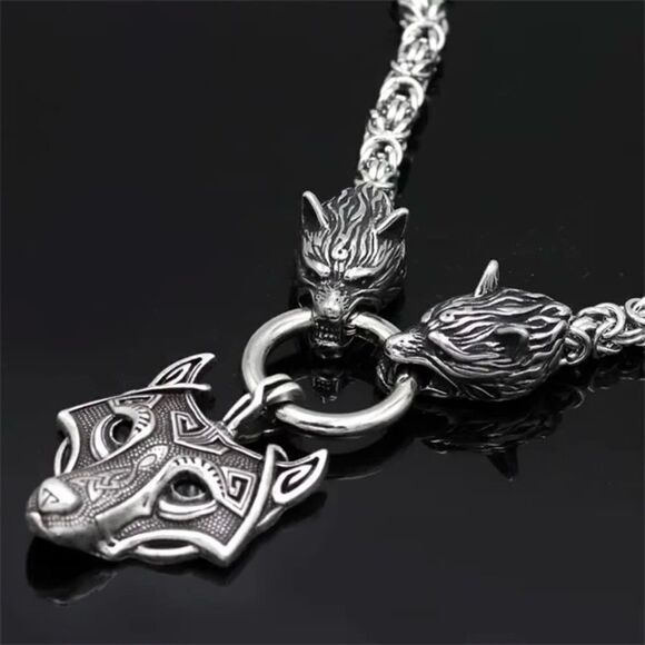 Zinc Alloy Viking Style Wolf Head Pendant Necklace, Retro Amulet Jewelry - Picture 3 of 14